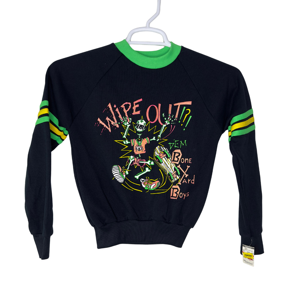 Vintage Wipe Out Shirt‎ Youth Medium Black Green Dem Bone Yard Boys Graphic 80s